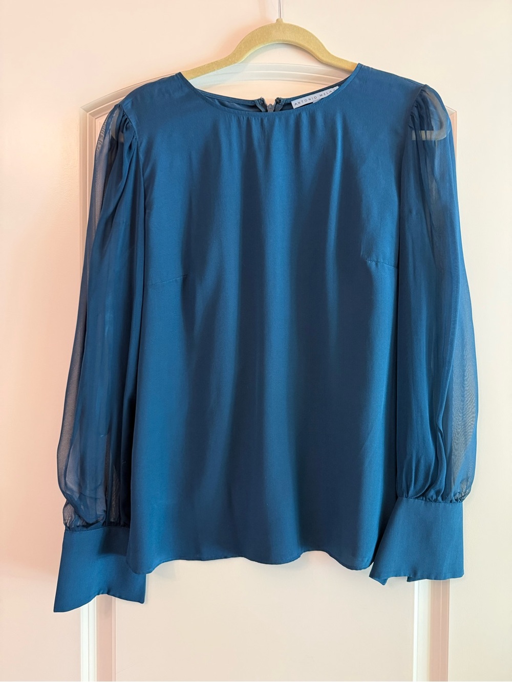 ANTONIO MELANI Teal Long-Sleeve Sheer-Sleeve Blouse
